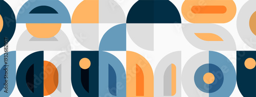Abstract geometric pattern. Circles, semicircles, arcs create repeating design. Muted orange, blue, gray tones dominate composition.