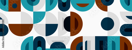 Abstract pattern features overlapping semicircles, circles, shapes. Colors include teal, brown, gray, white. Modern design element.
