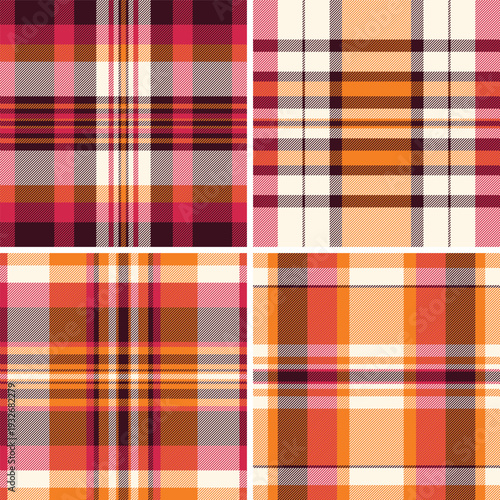 Plaid pack for layering and seasonal casual wear. Multiple tartan patterns create variety for childrens clothing lines. Vector scalability supports large formats.