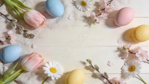 Spring decor with colorful eggs, tulips, willow, and daisy on white wood background