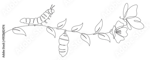 Continuous line of butterflies and cocoons on a branch.eps