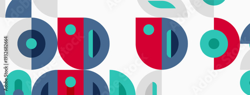 Abstract geometric pattern. Shapes overlap, creating playful design. Colors include red, blue, teal, gray. Simple forms repeat.