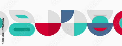 Abstract geometric shapes form colorful letterforms. Minimalist design uses overlapping circles, squares, rectangles. Clean aesthetic, modern style.