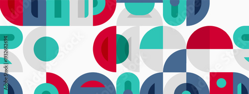 Abstract geometric pattern. Circles, semicircles, rectangles overlap. Red, teal, gray, white colors dominate design. Modern aesthetic.