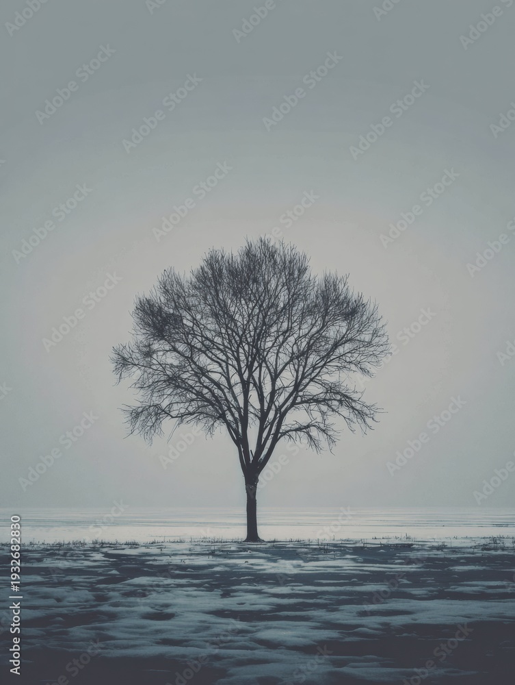 Obraz premium Snowy Plain With a Single Bare Tree in the Distance Under a Low Contrast Winter Sky