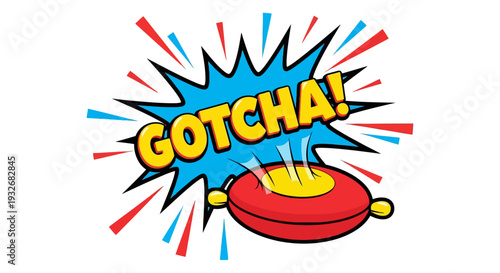 Celebrating April Fools' Day with a cartoon prankster's GOTCHA cartoon image of a red party blower exploding in a burst of colorful sparks