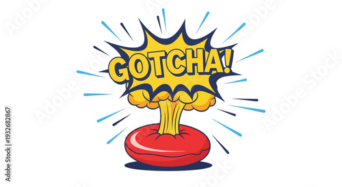 Celebrating April Fools’ Day with a red prank button exploding in a playful surprise, capturing the humor and energy of the moment in a vibrant illustration viewed from directly above.