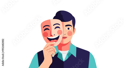 Man holding a comedy mask on April Fools’ Day, illustrating the concept of deception and playful trickery with a mix of emotions and facial expressions