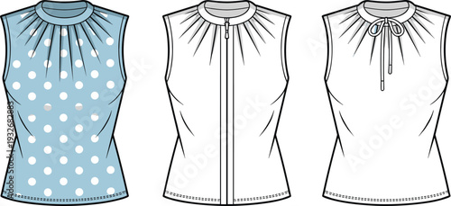 Three different of women's vests with polka dots and striped patterns in blue and white colors women's clothing