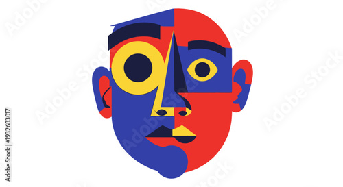 Celebrating April Fools' Day with a colorful illustration of a face divided into abstract shapes and vibrant colors viewed from the front