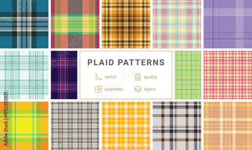 Plaid pattern set for summer relaxation and outdoor fun. Seamless vector patterns perfect for blankets, cushions, tote bags, and casual clothing.