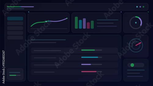 A modern dashboard displaying various charts and graphs in a dark environment from a direct viewpoint.