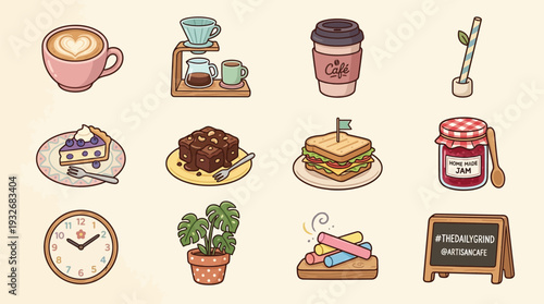 A collection of cute cartoon cafe and coffee shop icons featuring drinks, food, and decorative items.