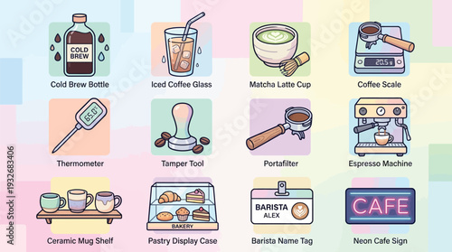 A colorful grid of cartoon-style icons depicting various coffee-making equipment, cafe items, and barista tools, including cold brew, espresso machine, pastries, and mugs.