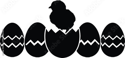 Black silhouette of a chick hatching from an egg surrounded by four decorated eggs.