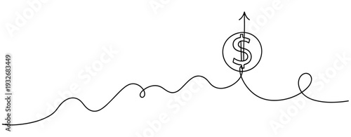 Simplistic dollar symbol with ascending arrow in continuous line art. No editable stroke