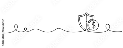 Continuous line drawing of shield and dollar sign symbolizing financial security. No editable stroke
