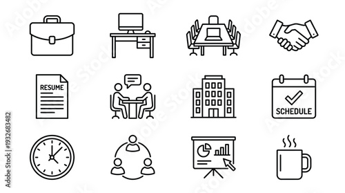 A collection of business and office-related line icons including briefcase, desk, meeting, handshake, resume, interview, building, schedule, clock, team, presentation, and coffee.