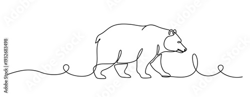 Continuous line art of a walking bear on white background. No editable stroke