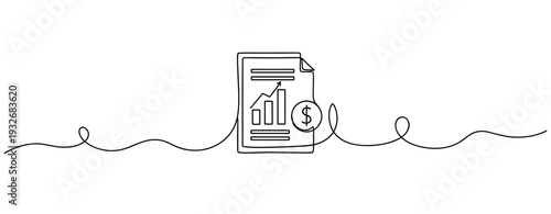 Minimalist financial growth chart with dollar icon in continuous line art style. No editable stroke