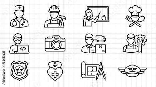 Set of professional occupation line icons including doctor, construction worker, teacher, chef, programmer, photographer, delivery, mechanic, police, nurse, architect, and pilot.