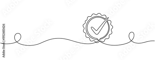 Continuous line drawing of certification badge with checkmark. No editable stroke