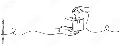 Continuous line art of hands handling delivery box. No editable stroke