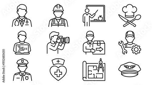 Set of line icons depicting various professional occupations and jobs, including medical, construction, education, culinary, tech, photography, logistics, automotive, law enforcement, and aviation.