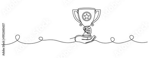Continuous line drawing of hand holding trophy signifying achievement and success. No editable stroke