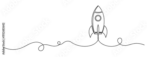 Minimalist line art rocket launch with curved trajectory against white background. No editable stroke