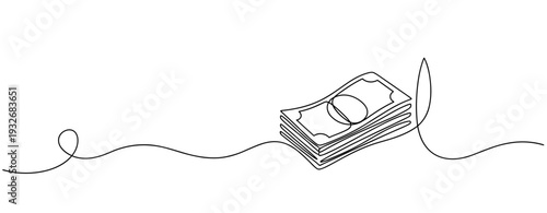 Continuous line drawing of money and computer mouse symbolizing online transactions. No editable stroke