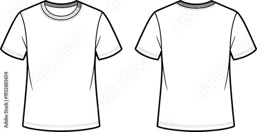 Front and back view of a white short sleeved t shirt with black outlines and dotted stitching details