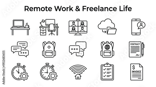 A collection of black and white line icons representing various aspects of remote work and freelance life, including office setups, communication, travel, and business documents.