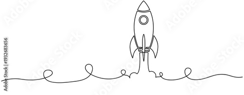Minimalist continuous line drawing of a rocket launch with swirls. No editable stroke