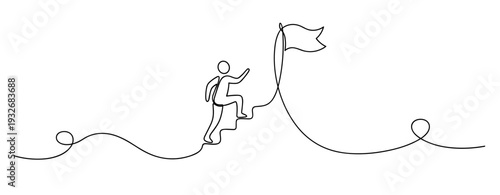 Minimalist illustration of success concept with person climbing steps to flag. No editable stroke