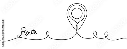 Continuous line drawing of route and location pin icon. No editable stroke