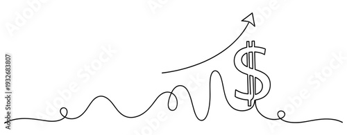 Increasing profits: line graph with rising arrow and dollar symbol on white background. No editable stroke