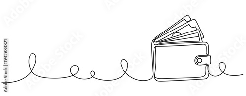 Minimalistic line art of open wallet with cash illustration. No editable stroke