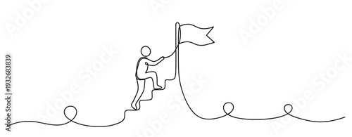 Minimalist drawing: person climbing ladder to reach flag on wavy path. No editable stroke