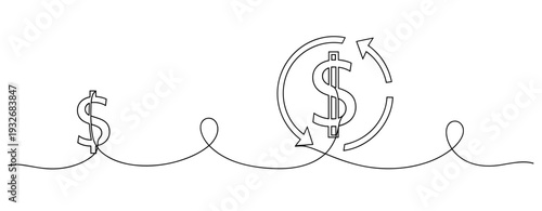 Continuous line art of dollar sign with arrows illustrating financial growth concept. No editable stroke