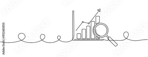 Line art of business growth chart with magnifying glass and upward trend arrow. No editable stroke