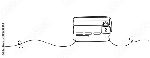 Minimalist continuous line drawing of a credit card with a padlock symbol. No editable stroke