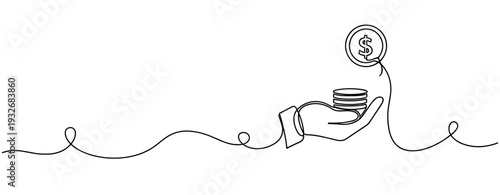 Continuous line art of hand holding coins with dollar symbol speech bubble. No editable stroke