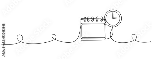 Continuous line art of calendar and clock illustrating time management concept. No editable stroke