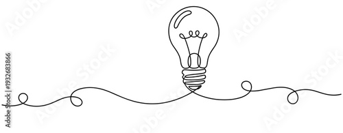 Minimalist continuous line drawing of a lightbulb symbolizing creativity and innovation. No editable stroke