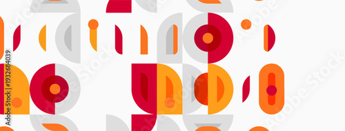 Abstract pattern features overlapping circles, rectangles. Colors include red, orange, gray. Design appears modern, geometric.