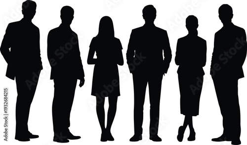 Silhouetted business professionals standing together in corporate attire, symbolizing teamwork, diversity, leadership, and collaboration in a modern workplace environment for success