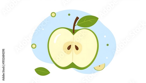 Fresh Green Apple Slice Illustration with Leaf and Seeds.