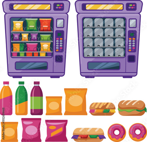 Snack and Drink Vending Machines with Chips Bottles Sandwiches and Donuts Vector Illustration Isolated on White Background for Retail Food Service Design