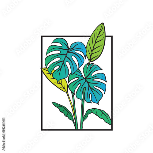 Illustration of tropical leaves, featuring Monstera deliciosa and other leafy greenery, enclosed in a rectangular border.